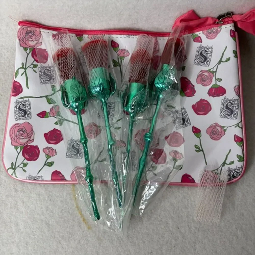 Rose makeup brush set with floral pouch and Shakespeare quote